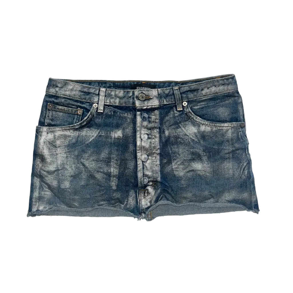 EB denim skirt with a distressed, metallic foil wash.