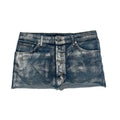 EB denim skirt with a distressed, metallic foil wash.
