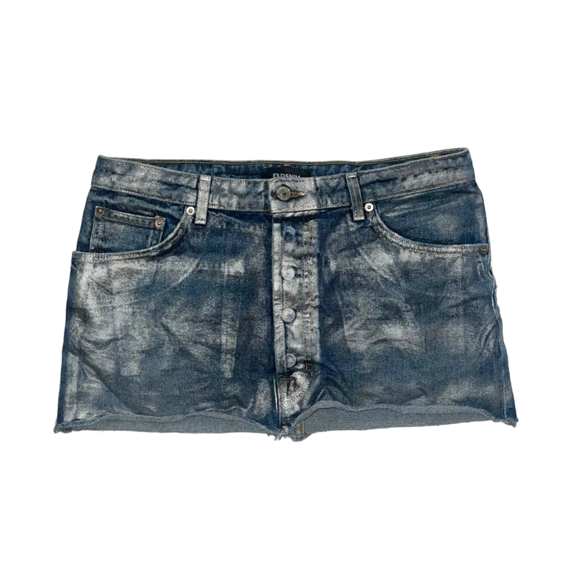 EB denim skirt with a distressed, metallic foil wash.