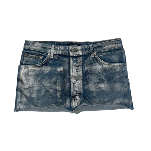 EB denim skirt with a distressed, metallic foil wash.