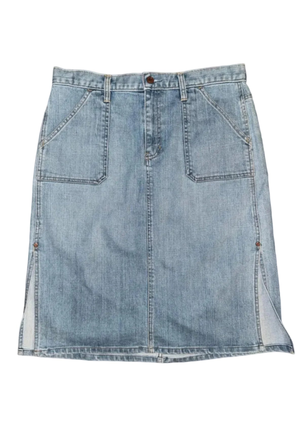 A light blue denim skirt with front patch pockets and side slits.