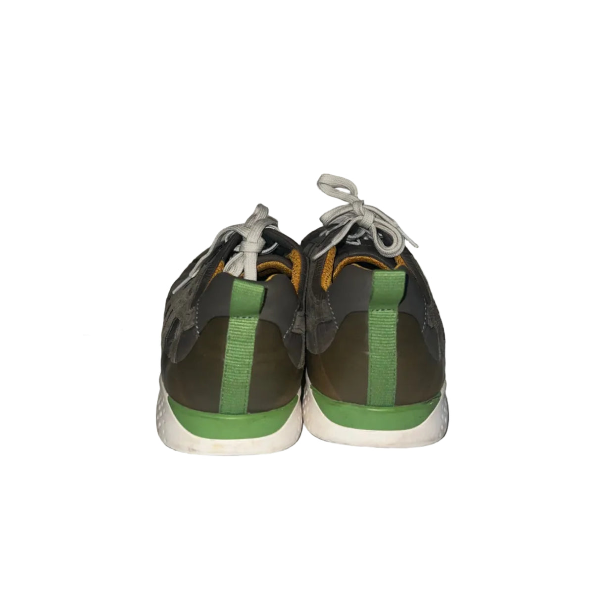 A pair of low-top athletic sneakers shown from the back, featuring a dark gray and olive green upper with bright green heel accents, white laces, and a white midsole.