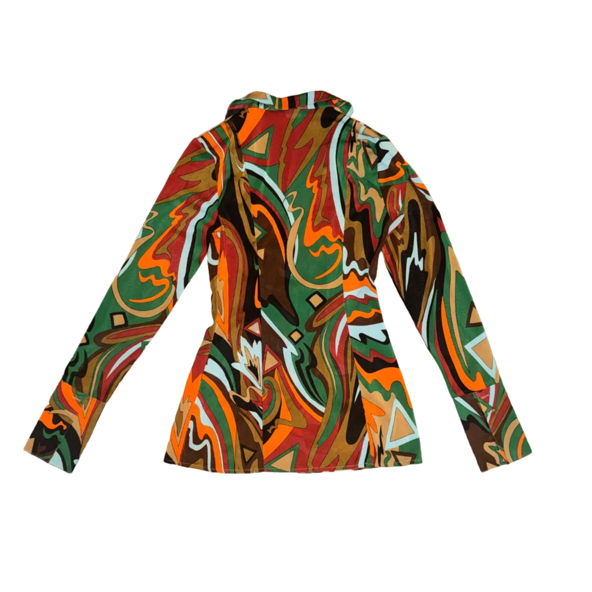 A long-sleeve collared top with a vibrant, multicolored abstract swirl pattern in green, orange, red, black, and white
