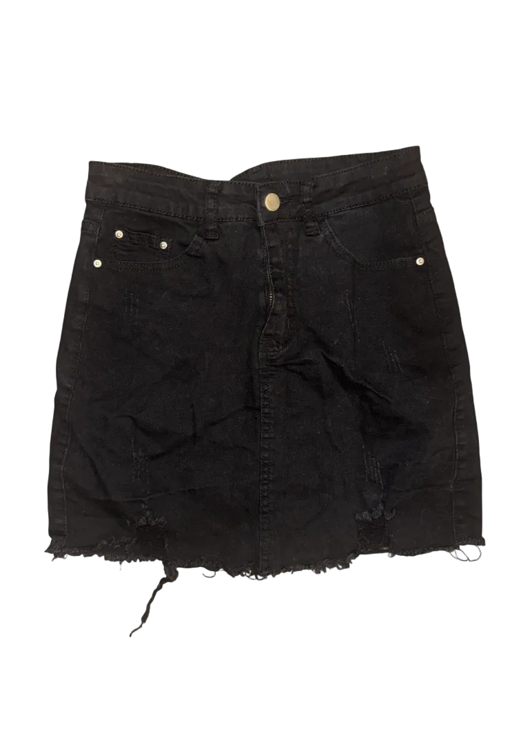 A black distressed denim mini skirt with raw frayed hems, classic five-pocket styling, and gold-tone rivets and button