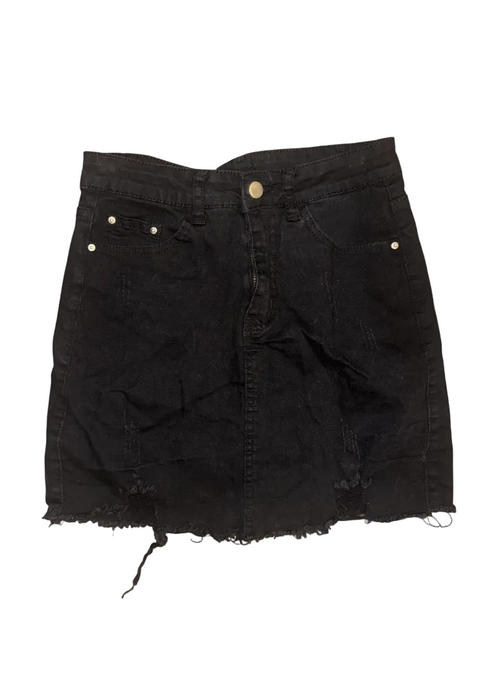 A black distressed denim mini skirt with raw frayed hems, classic five-pocket styling, and gold-tone rivets and button