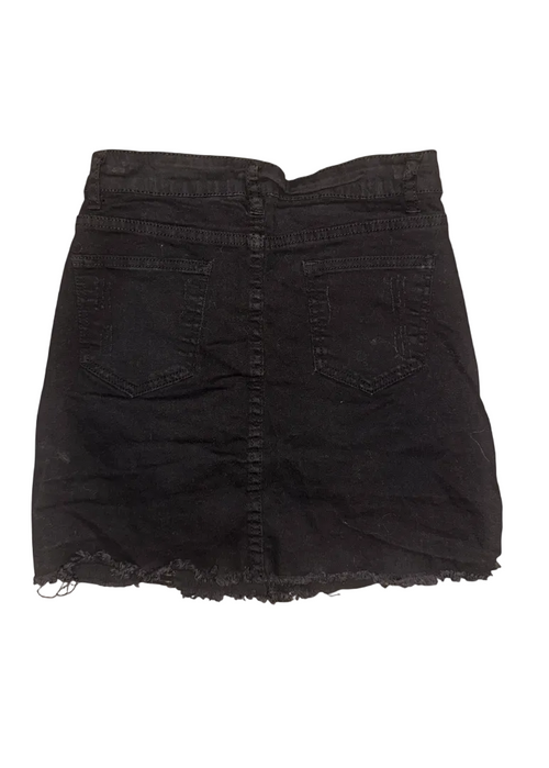 A black denim mini skirt with a raw, frayed hem and back pocket detailing