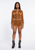 Fashion Nova Cognac Velvet Romper - Small