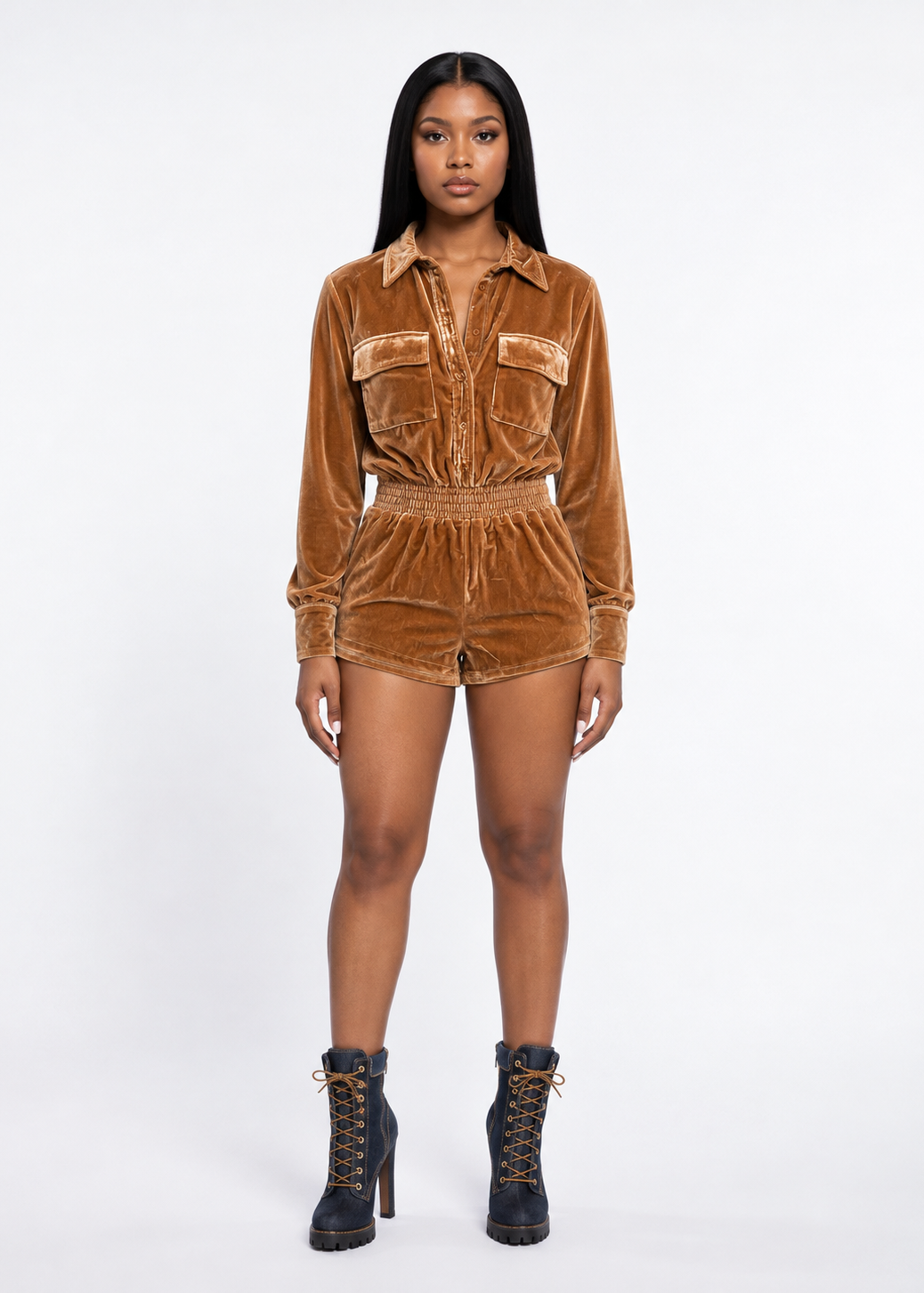 Fashion Nova Cognac Velvet Romper - Small