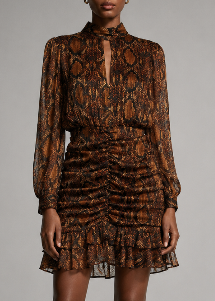 A model wearing a brown and black snakeskin-patterned long-sleeve mini dress with a ruffled hem.